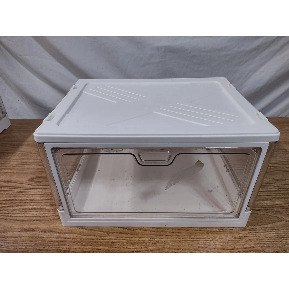 Clear Plastic Stackable Shoe Box Storage Container White Trim Drop Front Door